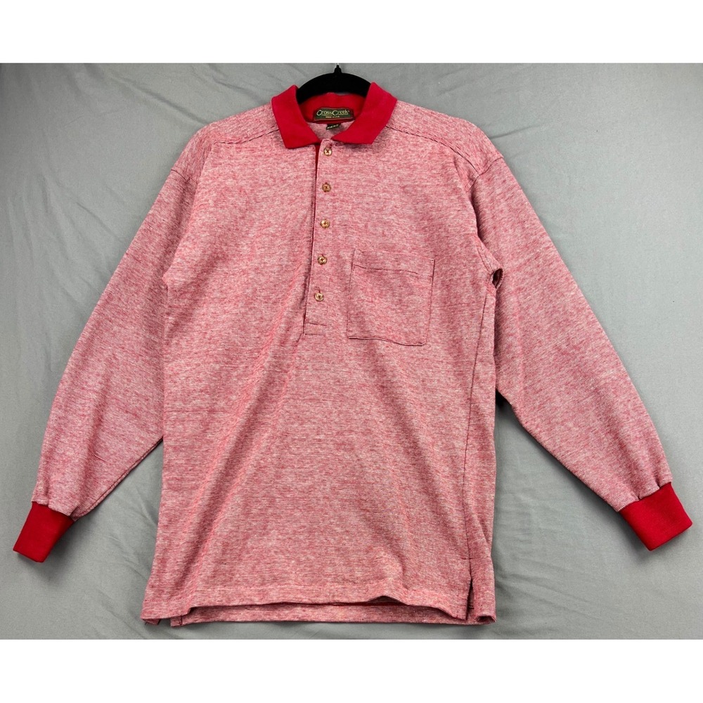 Cross Creek Polo Shirt Mens Medium Long Sleeve Red White Stripe Cotton USA Exc